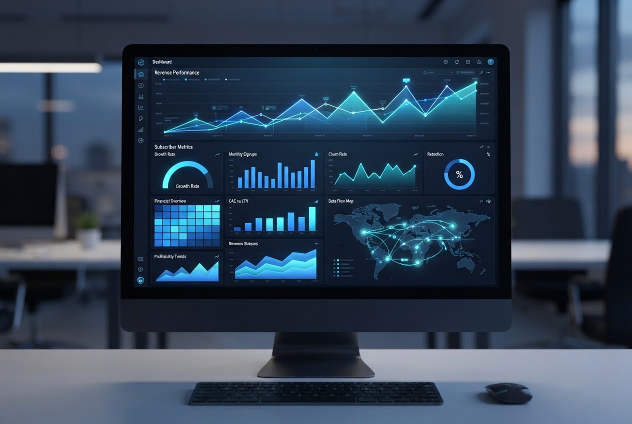Abstract visualization of subscription metrics and financial data optimization